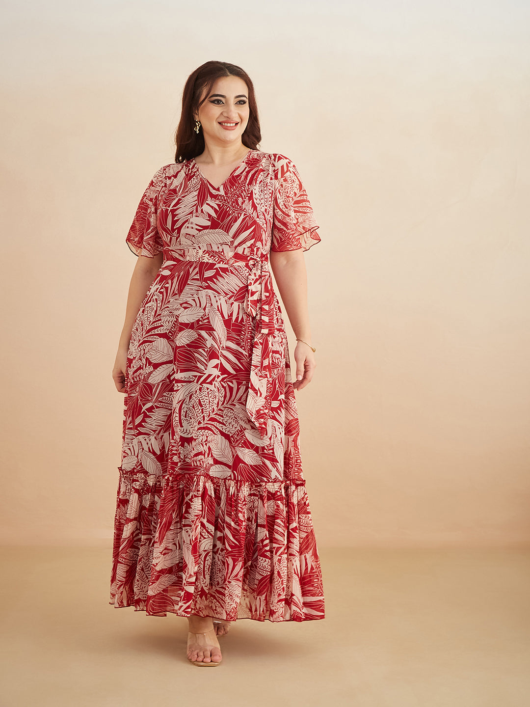 Multicolored-Base-Maroon V Neck Flared Sleeve Floral Wrap Maxi Dress for Women — Miss Chase A+