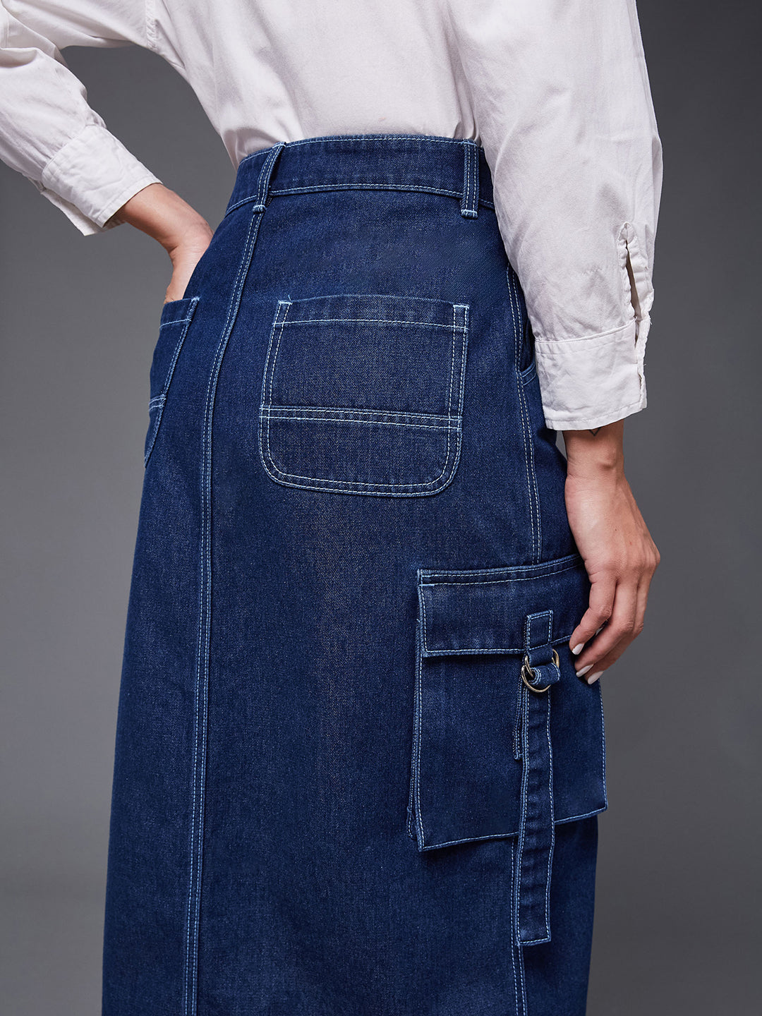 Women's Navy Blue Straight High-Rise Midi Cargo Denim Skirt