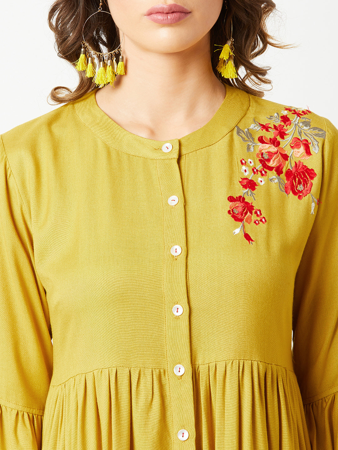 Women's Mustard Round Neck 3/4th Sleeve Solid Embroidered Gathered Midi Dress