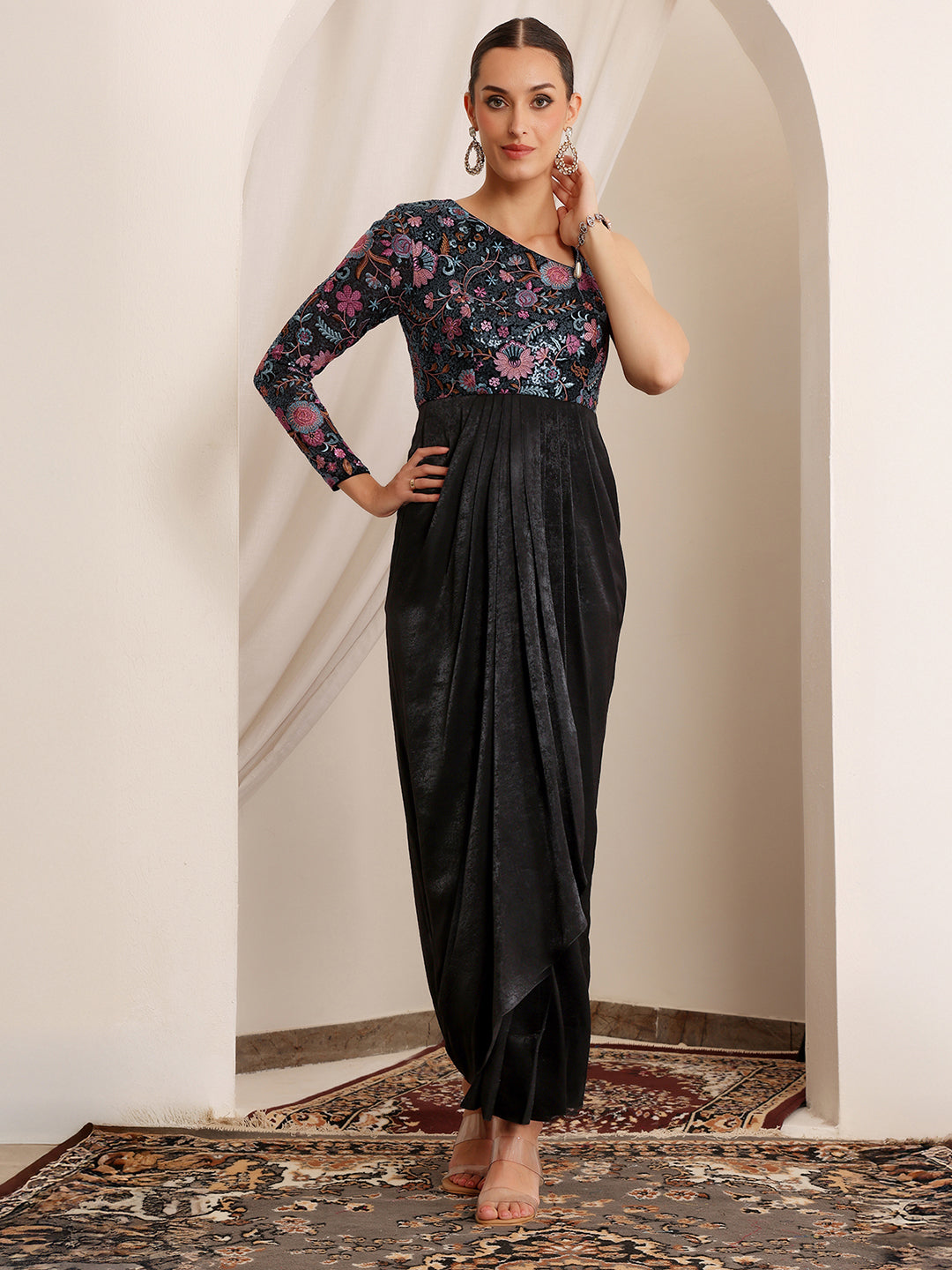 Women's Black One-Shoulder Full Sleeve Embroidered Pleated Satin Maxi Dress
