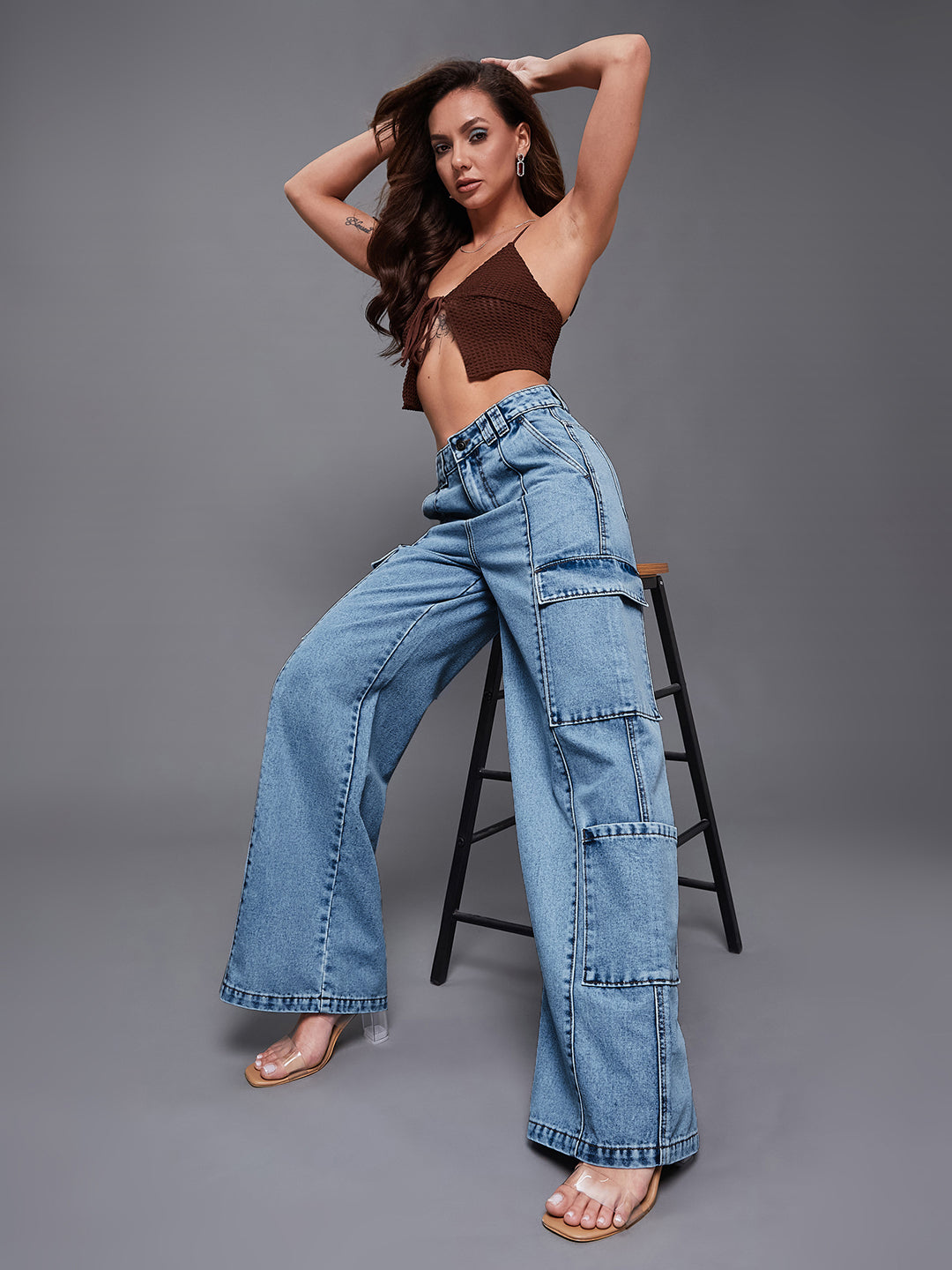 Women's Light Blue Wide-Leg High-Rise Cargo Denim Jeans