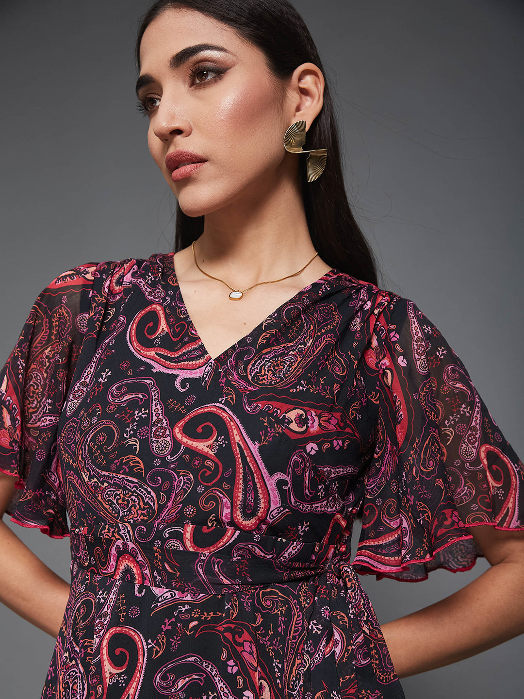 Women's Multicolored Base Black Bohemian V-Neck Flutter Sleeve Chiffon Relaxed Fit Wrap Maxi Dress