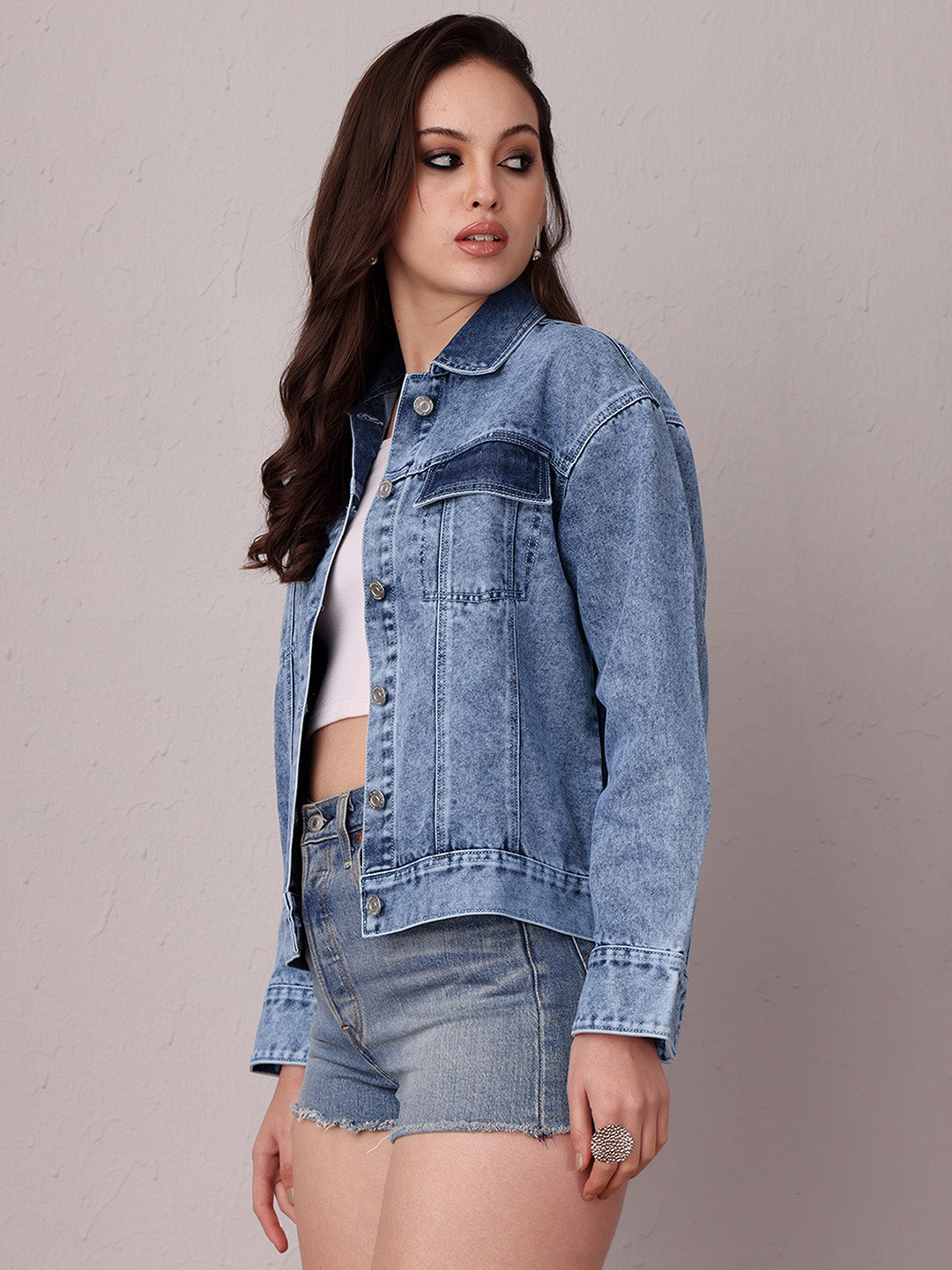 Women's Light Blue Collared Full Sleeve Solid Classic Regular Length Denim Jacket