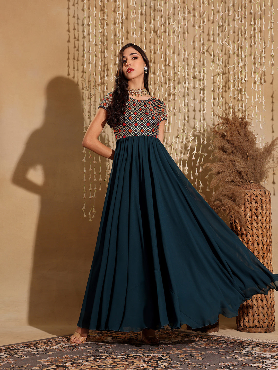 Women's Multicolored-Base-Teal Round Neck Short Sleeve Embroidered Fit and Flared Georgette Maxi Dress