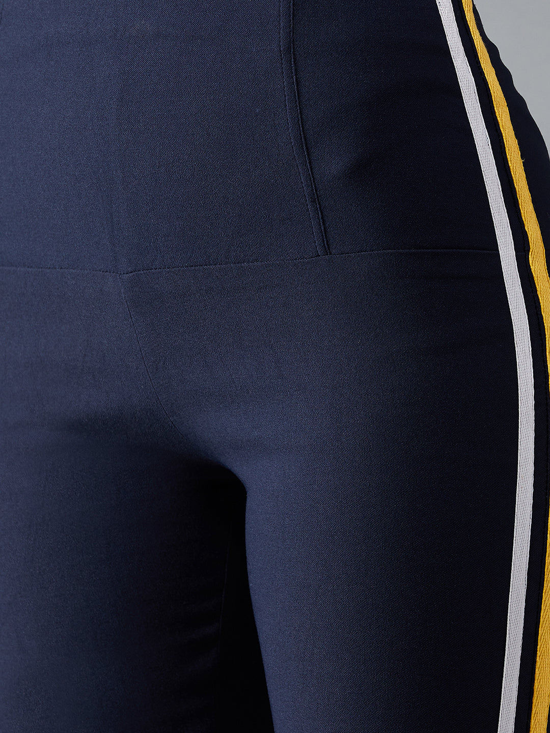 Women's Navy Blue Solid Knitted Skinny Twill Tape Detailing High-Waist Regular Length Treggings