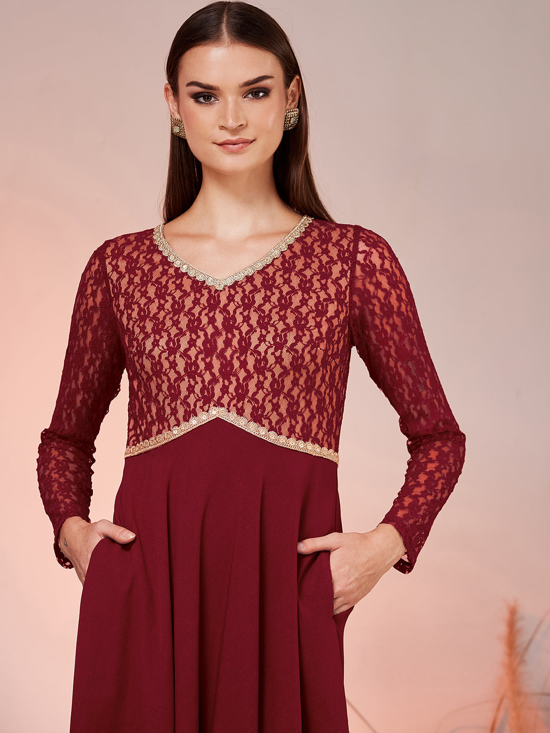 Women’s Maroon V-Neck Full-Sleeved Self-Design Fit & Flare Maxi Crepe Dress for Women