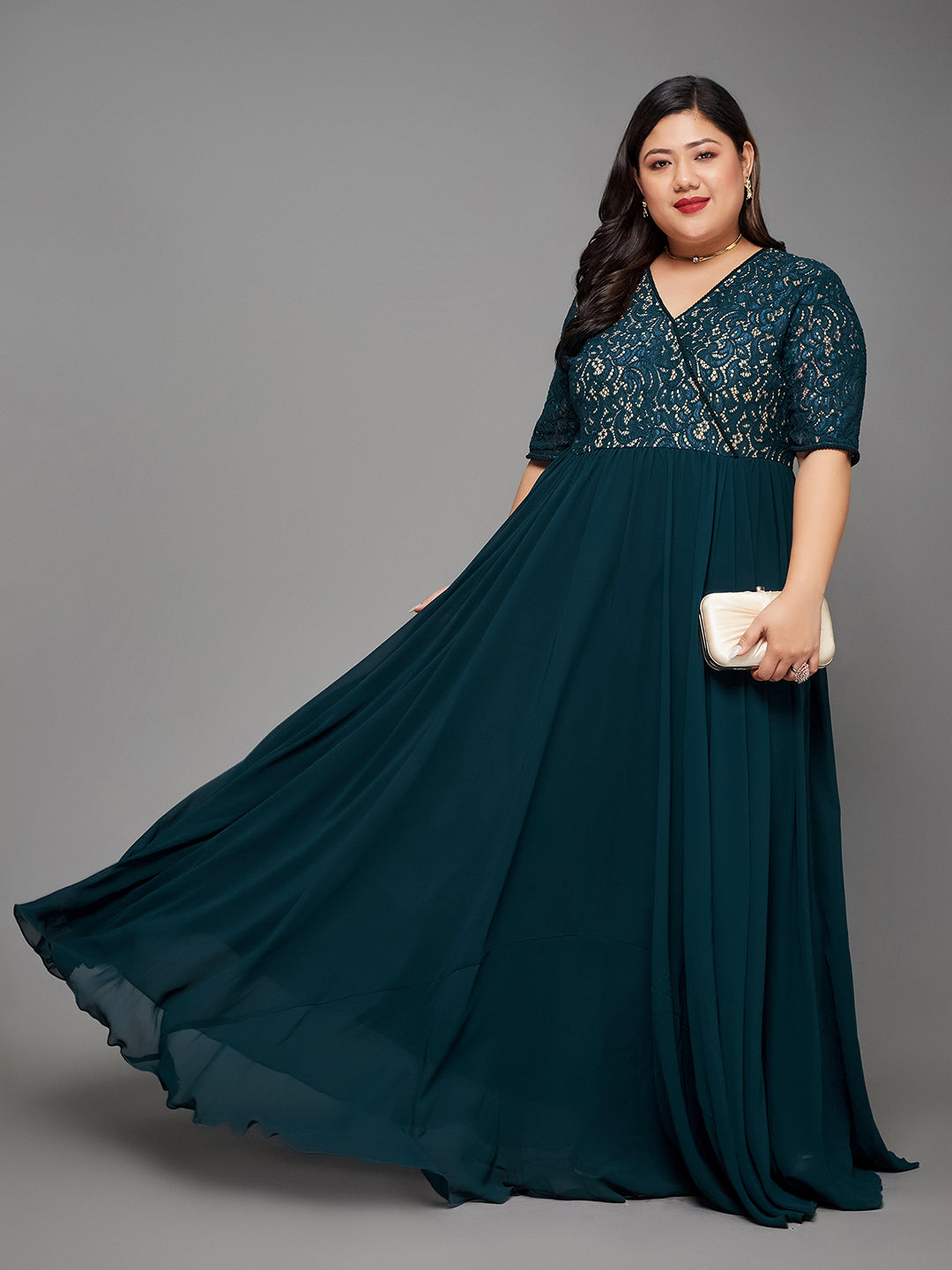 Teal Short Sleeves Lace Fit and Flare Maxi Dress Long Dress Frock for Women