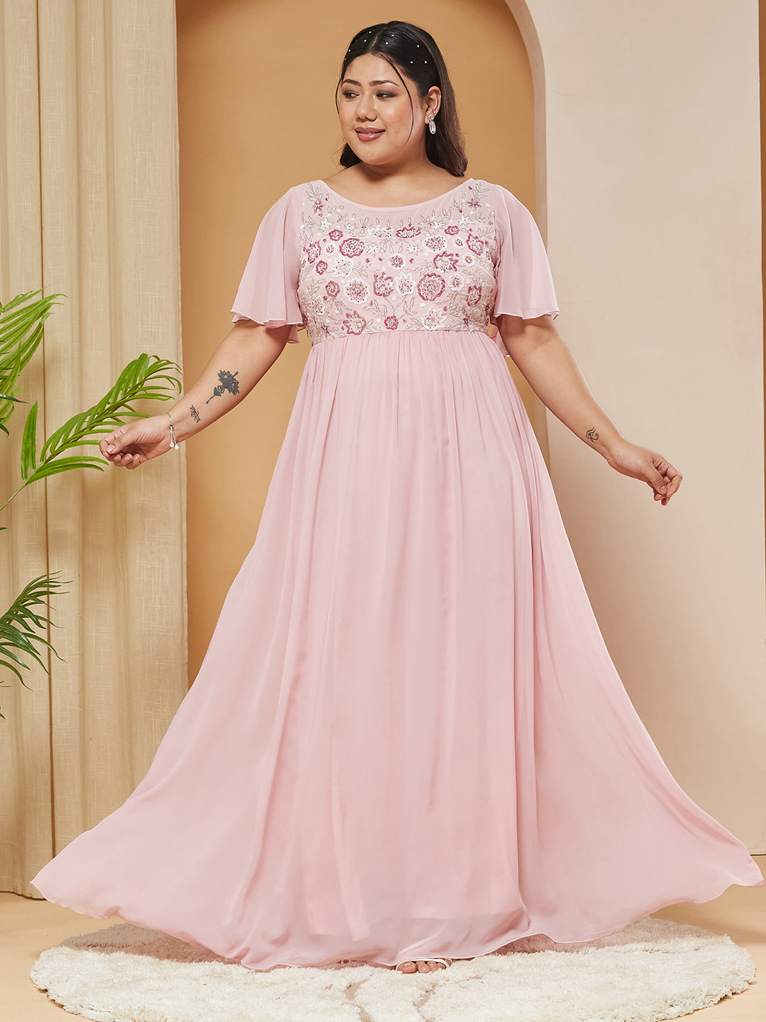 Blush Pink Embellished Gathered Maxi Dress for Women — Miss Chase A+