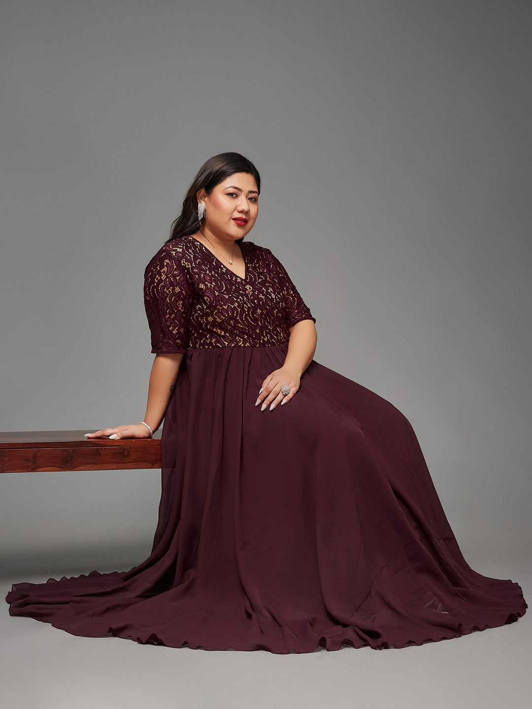 Wine Short Sleeves Lace Fit and Flare Maxi Dress Long Dress Frock for Women