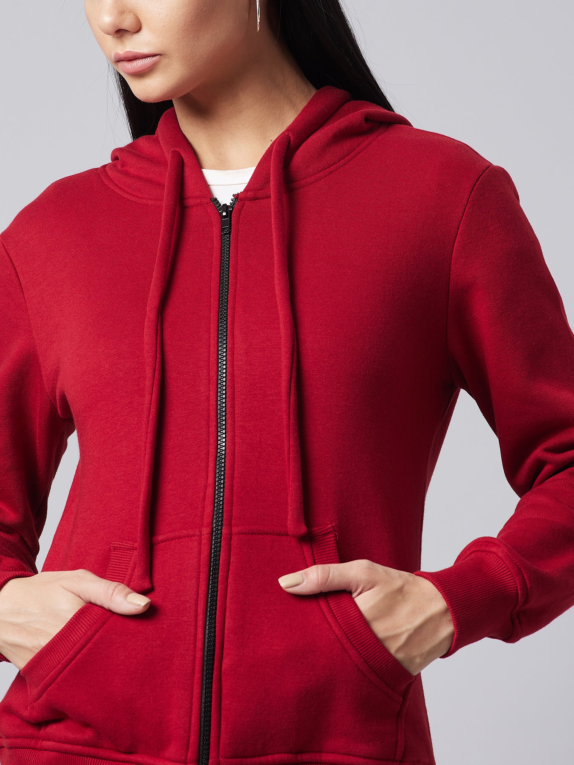 Women's Maroon Round Neck Full Sleeve Solid Hooded Regular Sweatshirt