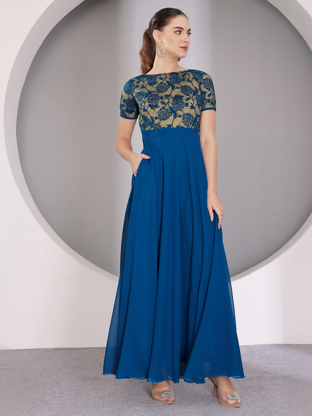 Royal Blue Round Neck Half Sleeve Self Design Fit & Flare Georgette Maxi Dress for Women — Miss Chase