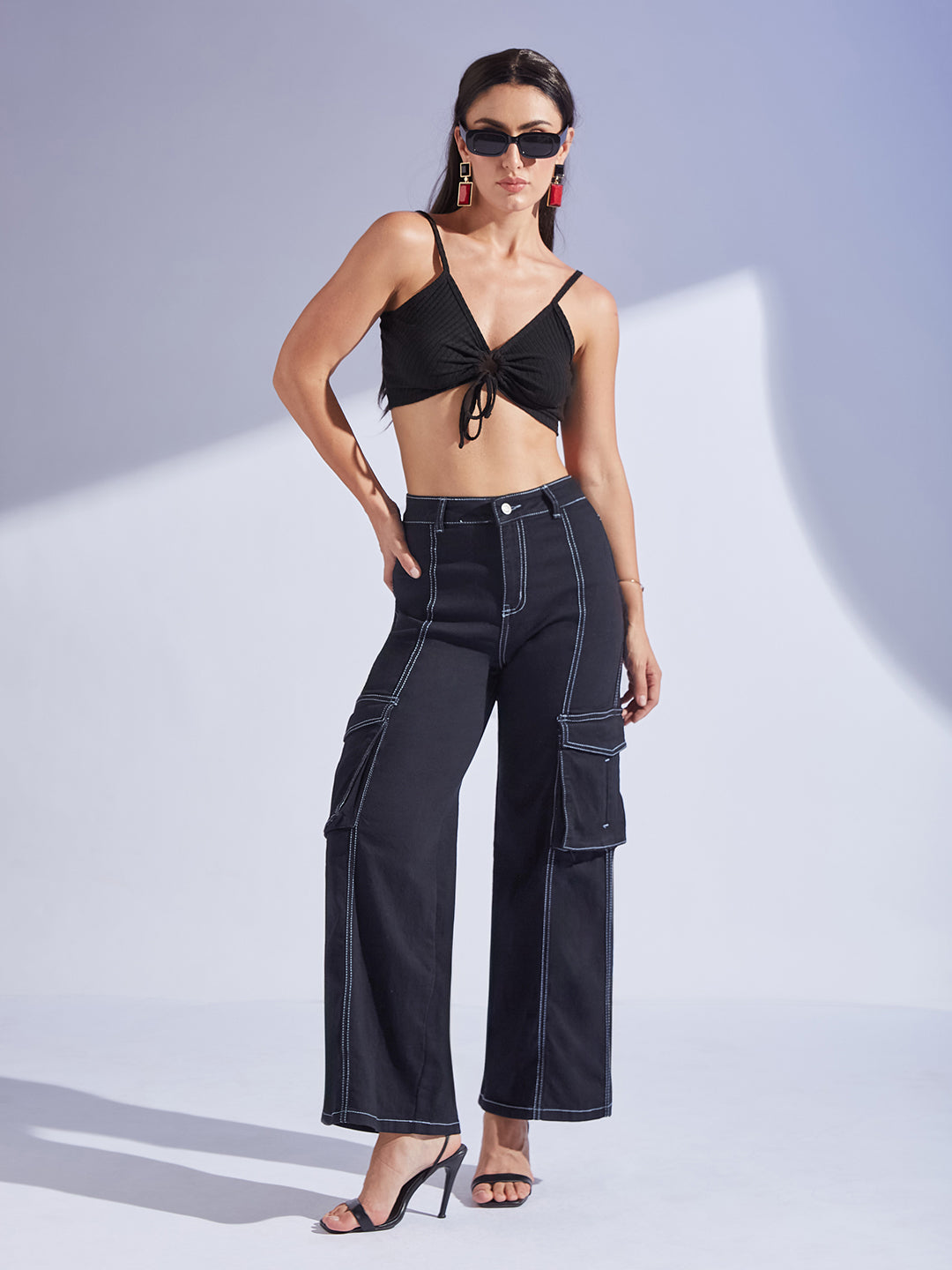 Women's Black Wide-Leg High-Rise Stretchable Patch-Pocketed Denim Jeans