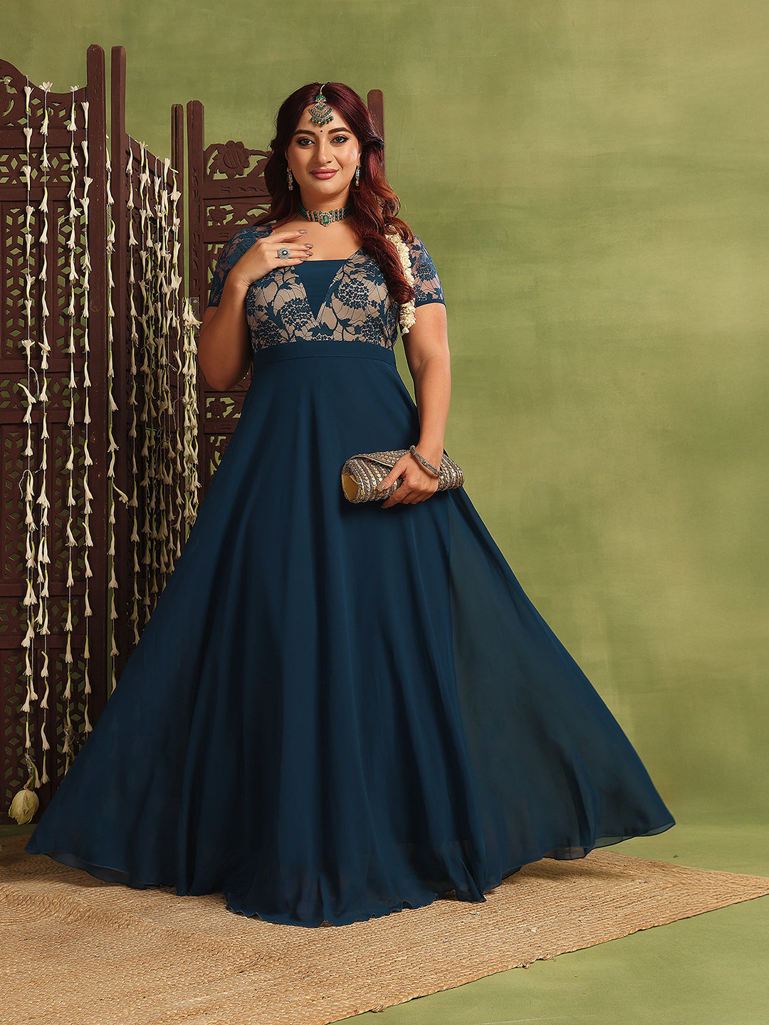 Women's Teal Square Neck Raglan Short-Sleeved Self-Design Lace-Overlaid Georgette Maxi Dress