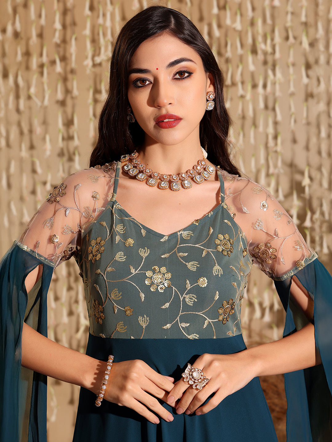 Women's Teal V-Neck Full Sleeve Embroidered Fit & Flare Georgette Maxi Dress