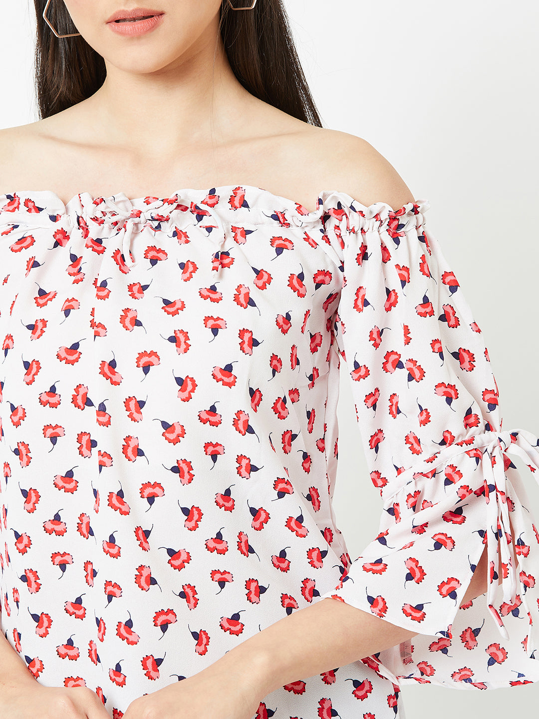 Women's Multicolored Gathered Printed Off-Shoulder 3/4 Sleeve Printed Boxy Bardot Top