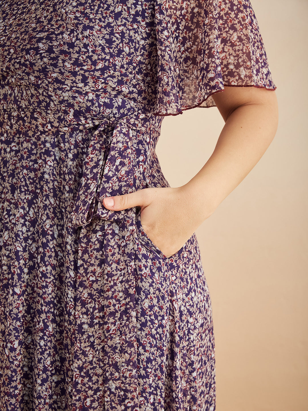 Purple V Neck Flared Sleeve Floral Wrap Chiffon Maxi Dress for Women