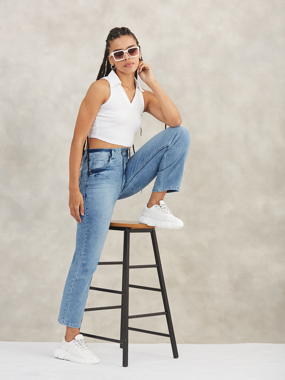 Women's Light Blue Wide-Leg Fit High-Rise Stretchable Denim Jeans
