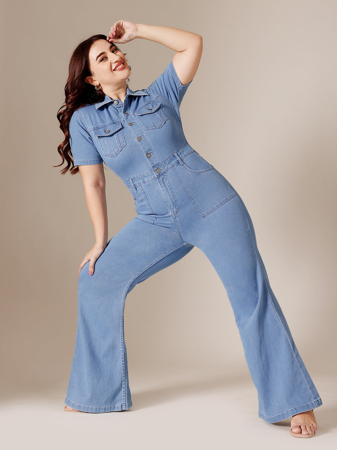 Light-Blue Flared High-Rise Stretchable Denim Jumpsuit for Women