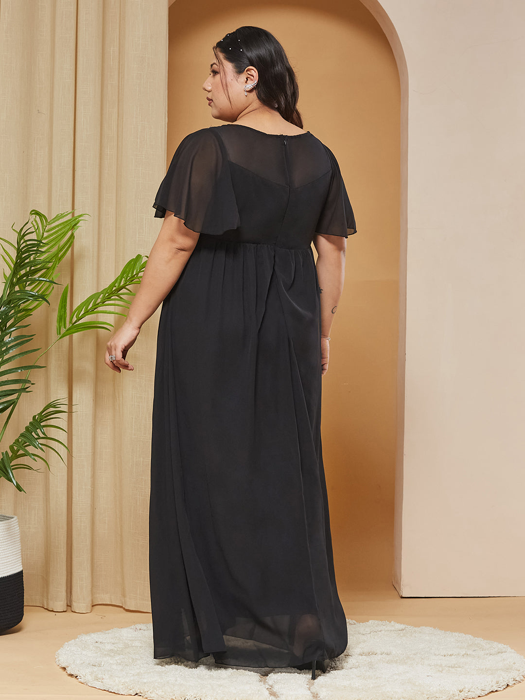 Black Embellished Gathered Maxi Dress for Women