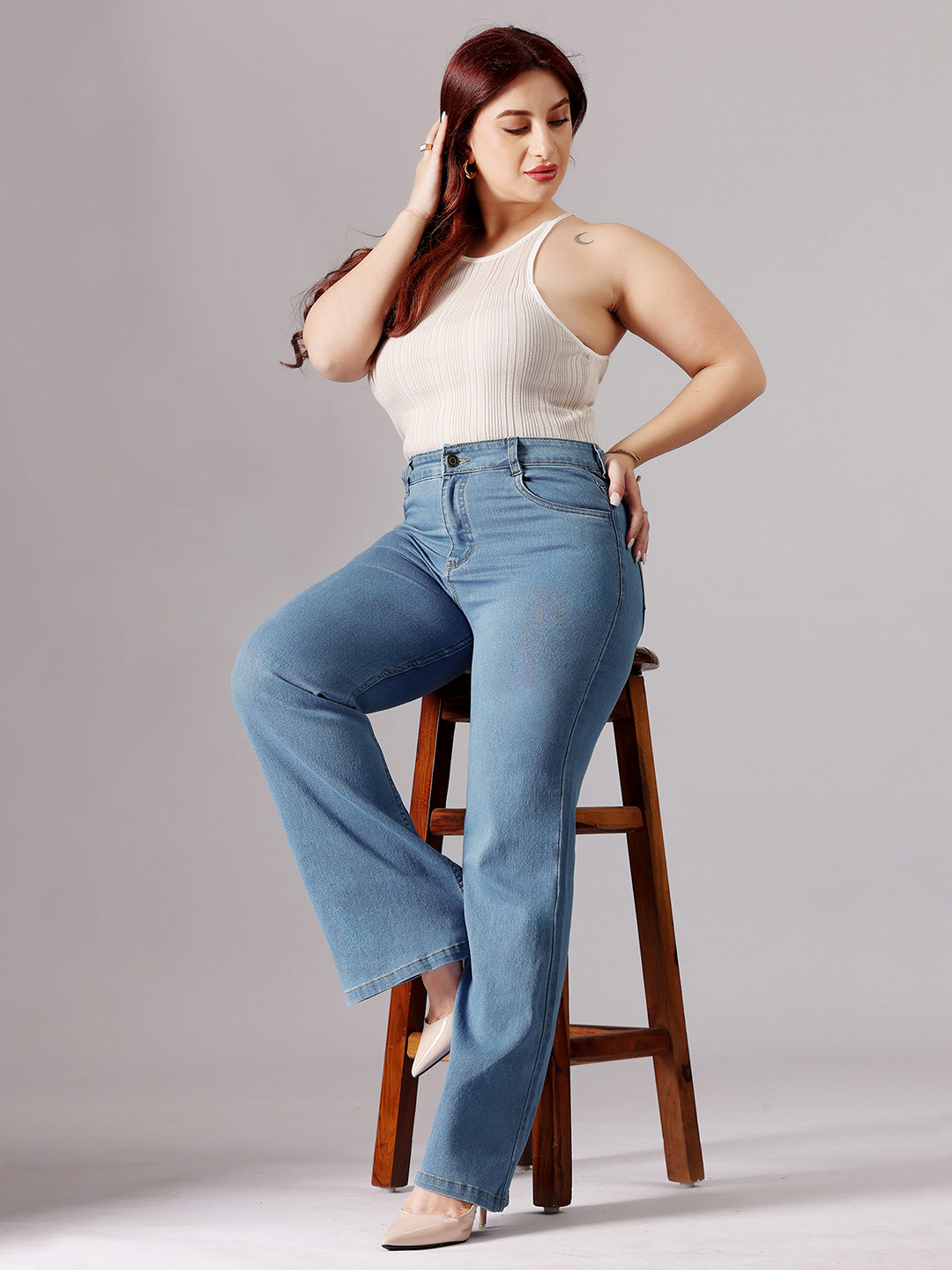Women's Light Blue Bootcut High-Rise Clean-Look Stretchable Denim Jeans