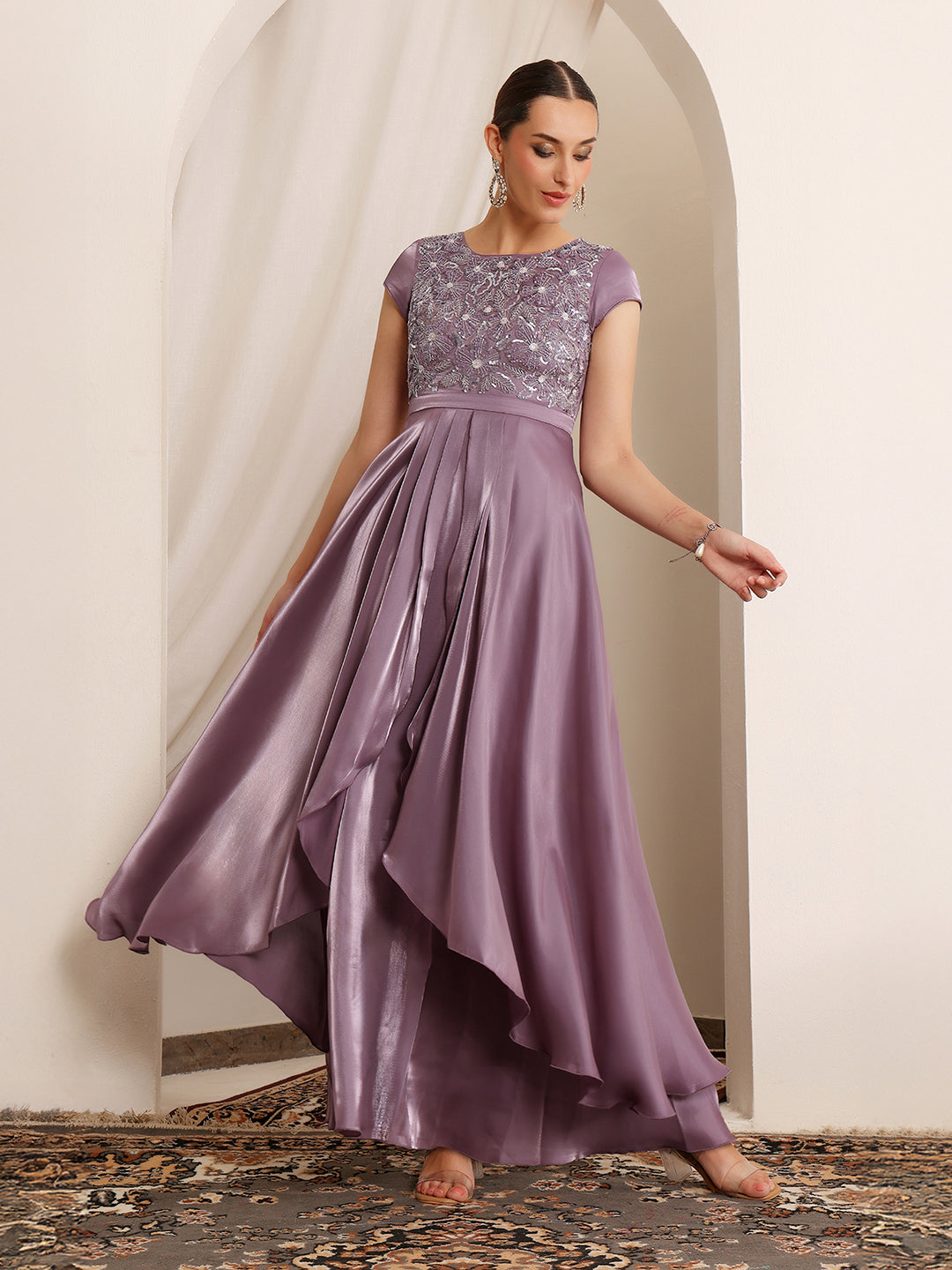 Women's Dusty Purple Round Neck Short Sleeve Embroidered Layered Satin Maxi Dress