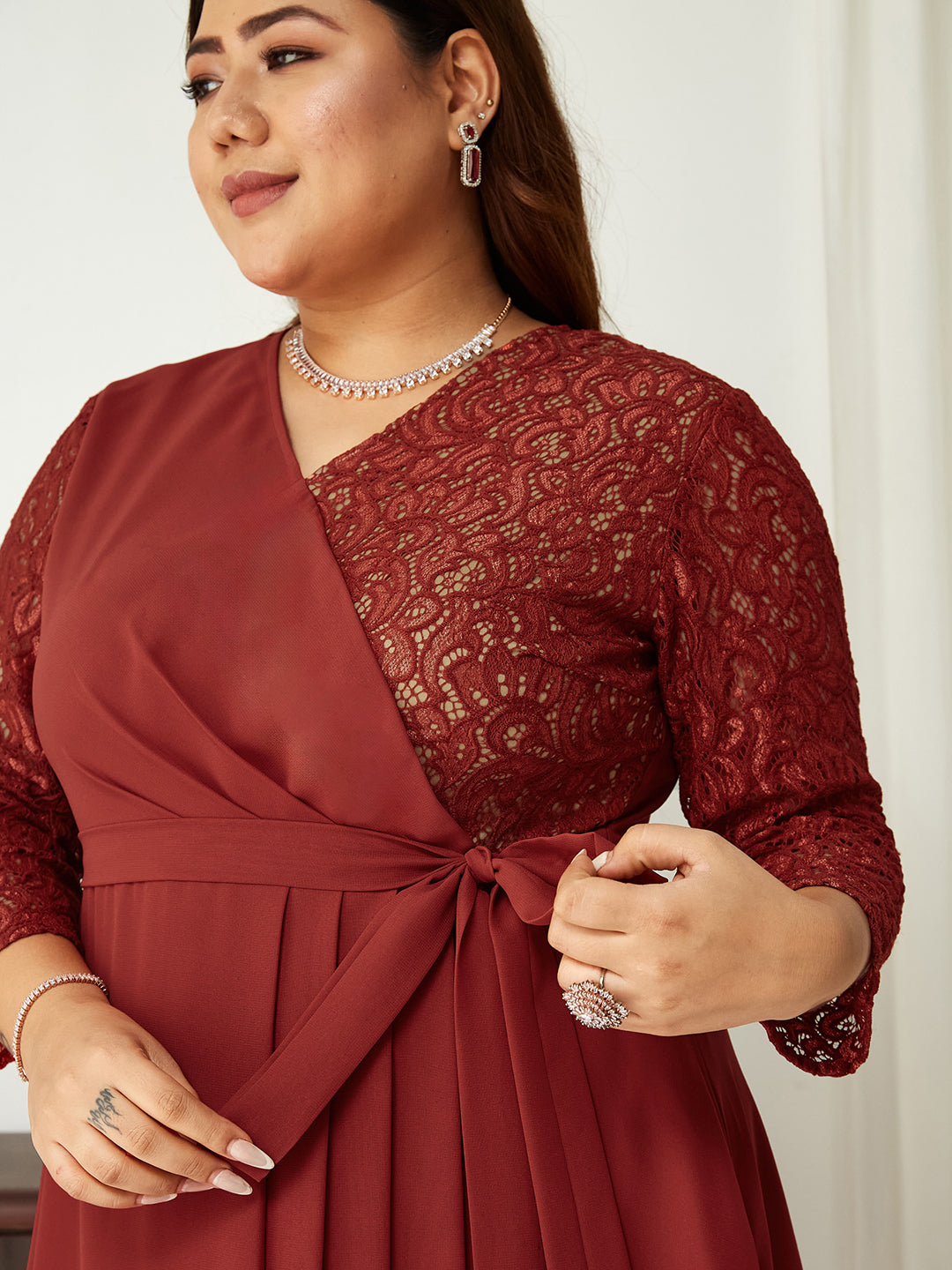 Brick Red V-Neck 3/4 Sleeve Self-Designed Wrap Styled Georgette Maxi Dress for Women