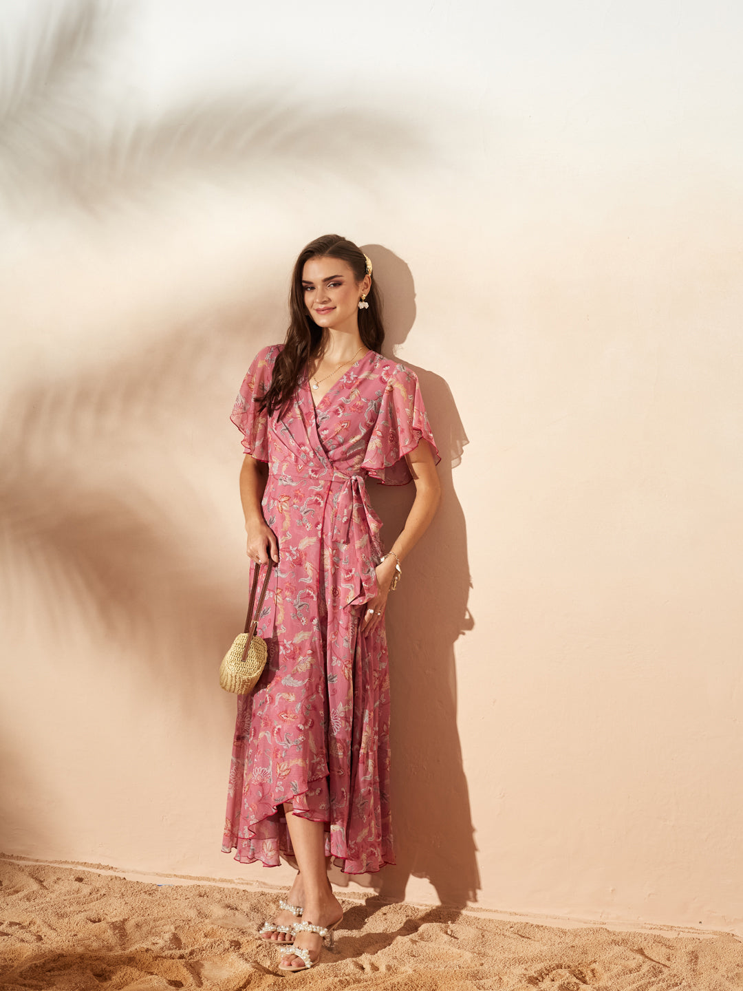 Pink V-Neck Flared Floral Overlap/Tie-Up Maxi Chiffon Dress for Women