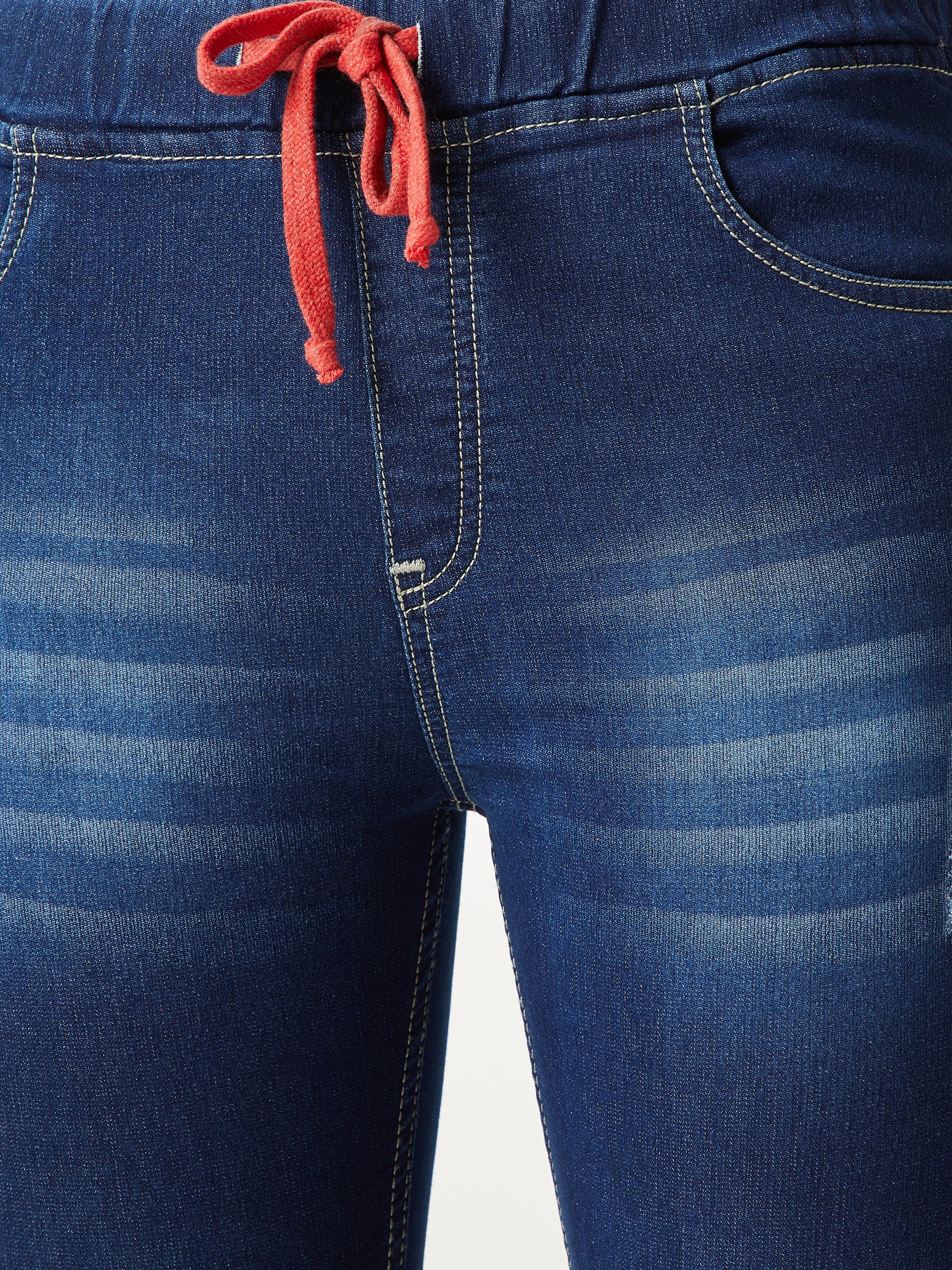 Women's Navy Blue Relaxed Fit Mid Rise Regular Length Scraping Detailing Stretchable Denim Joggers