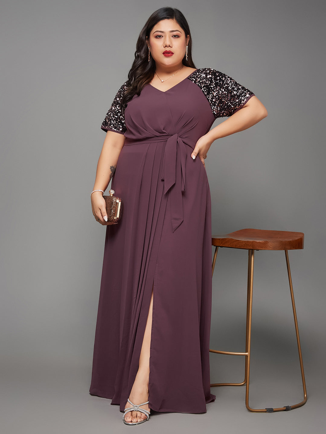 Body Bliss Mauve Relaxed Fit Maxi Georgette Party Sequin Dress