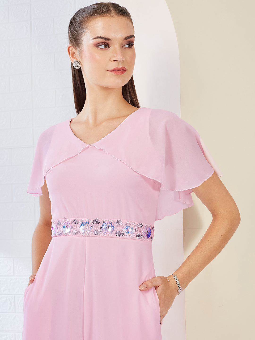 Light Pink Georgette V-Neck Cape Solid Layered Regular Jumpsuit for Women