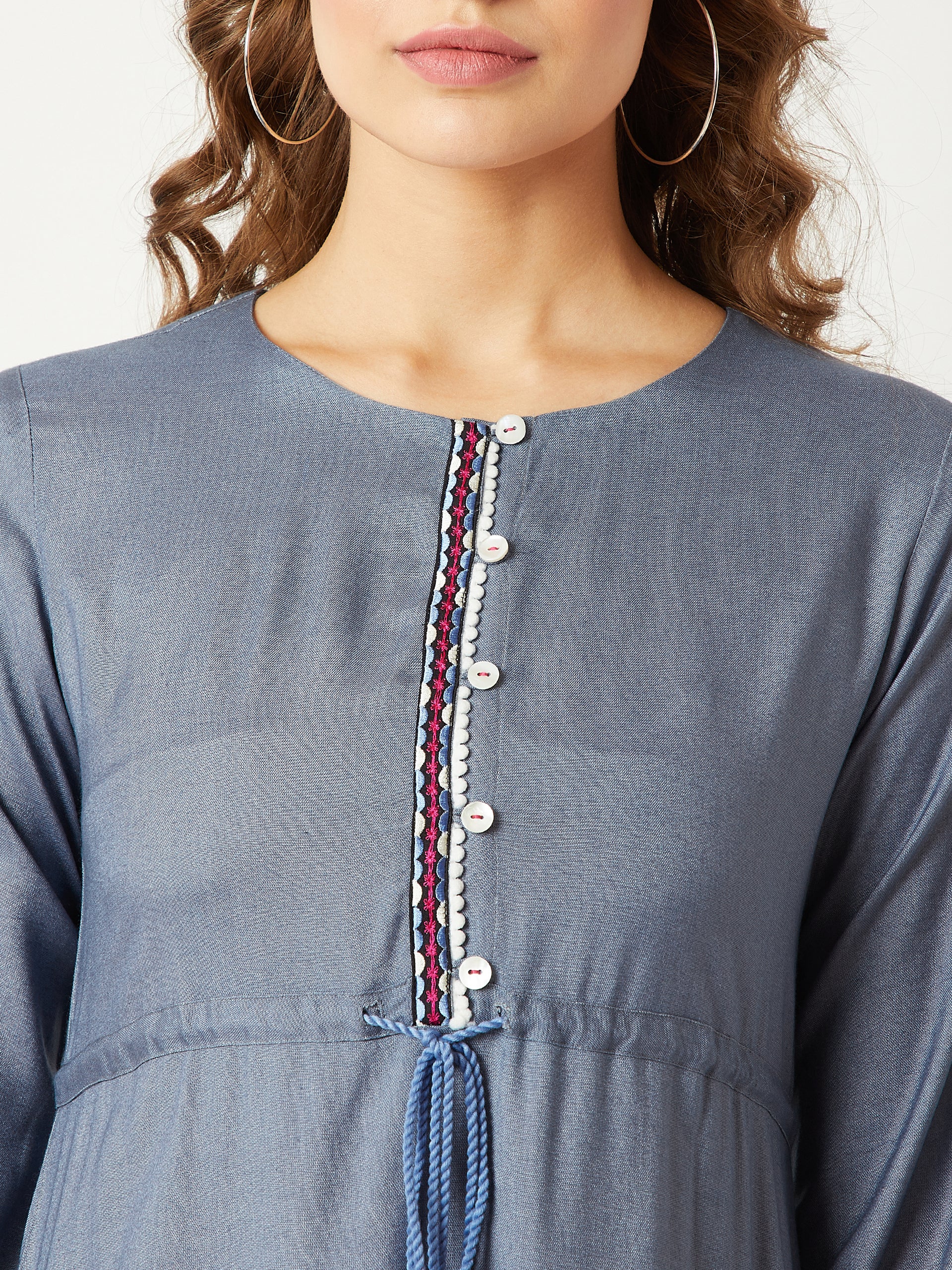 Steel Grey Round Neck Gathered 3/4 Sleeves Solid Embroidered And Tasseled Detailing Maxi Dress for Women