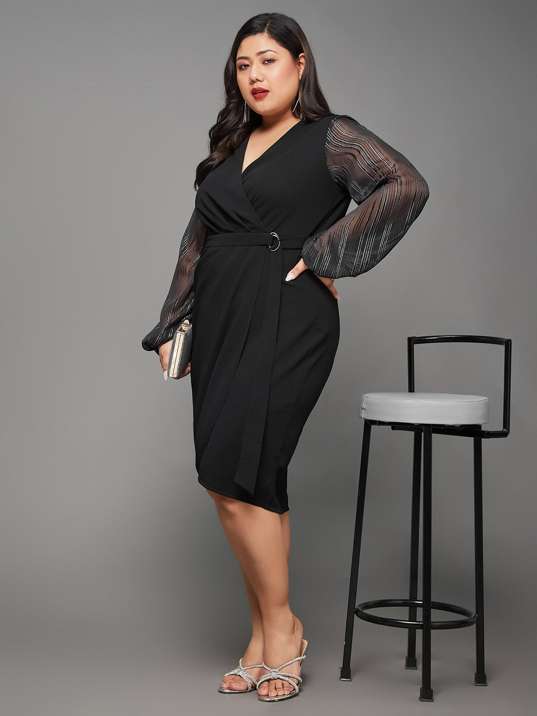 Body Bliss Black Wrap Knee-Length Dress for Women