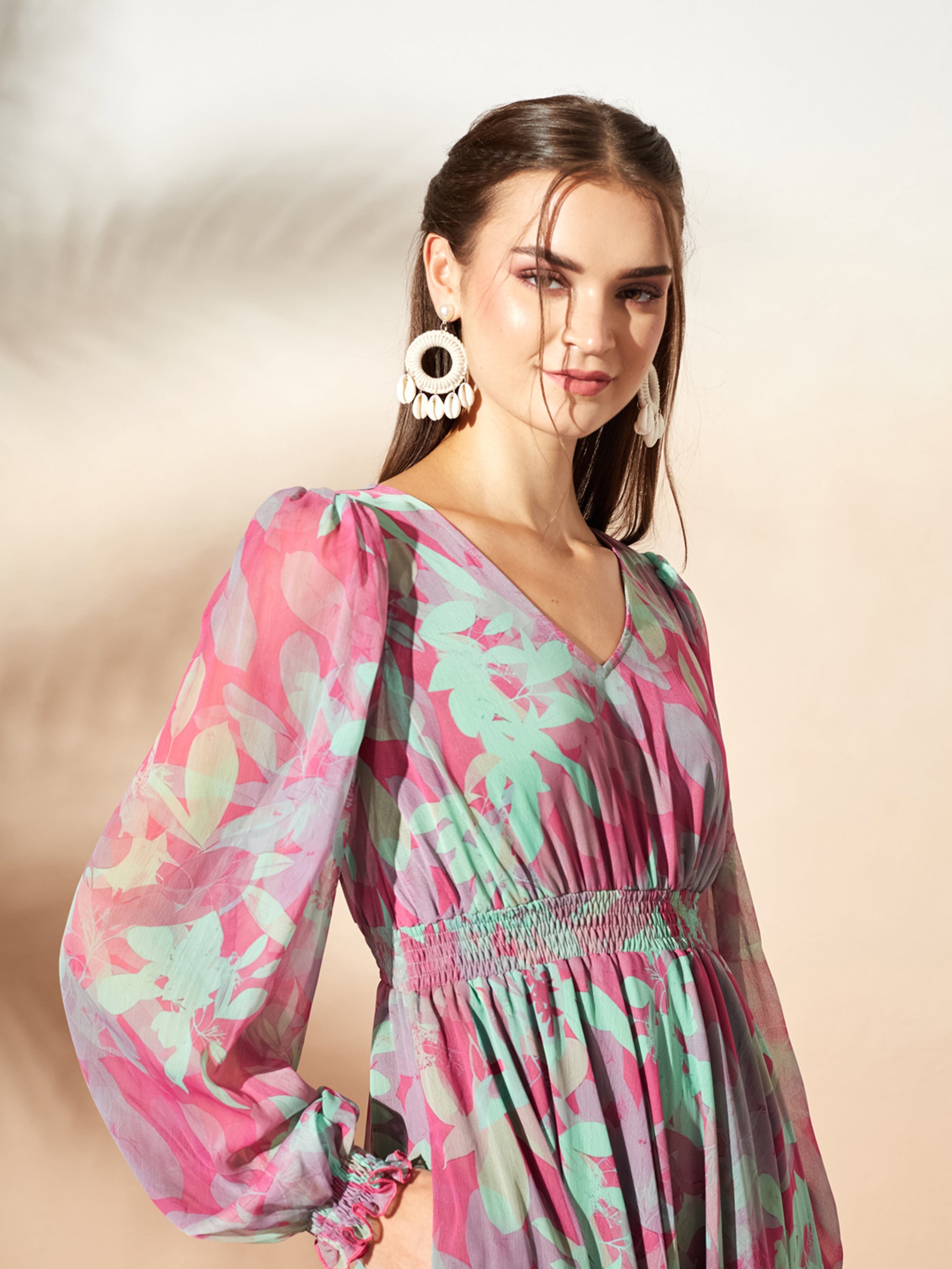 Pink & Mint Full Sleeves Floral Printed Fit and Flare Dress for Women