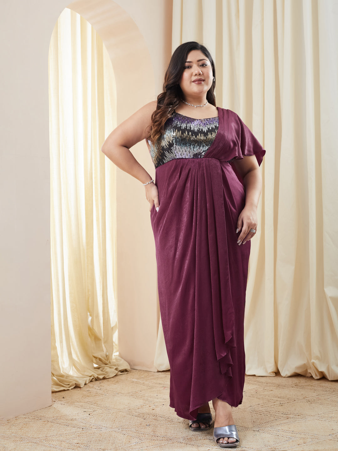 Wine Sweetheart Embellished Gown in Pleated Satin for Women