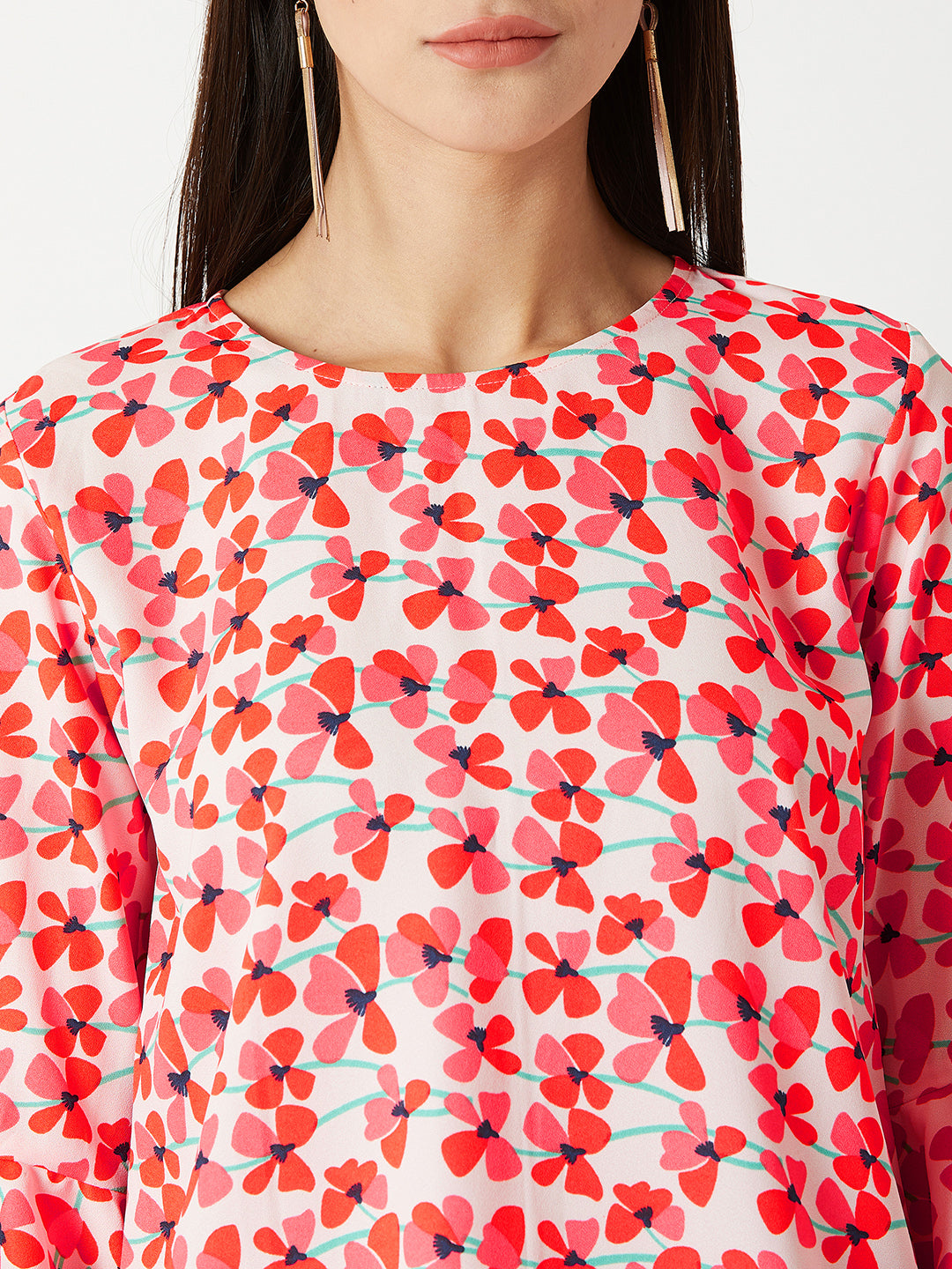 Women's Multicolored With A White Base Round Neck 3/4 Sleeve Ruffled Floral Top