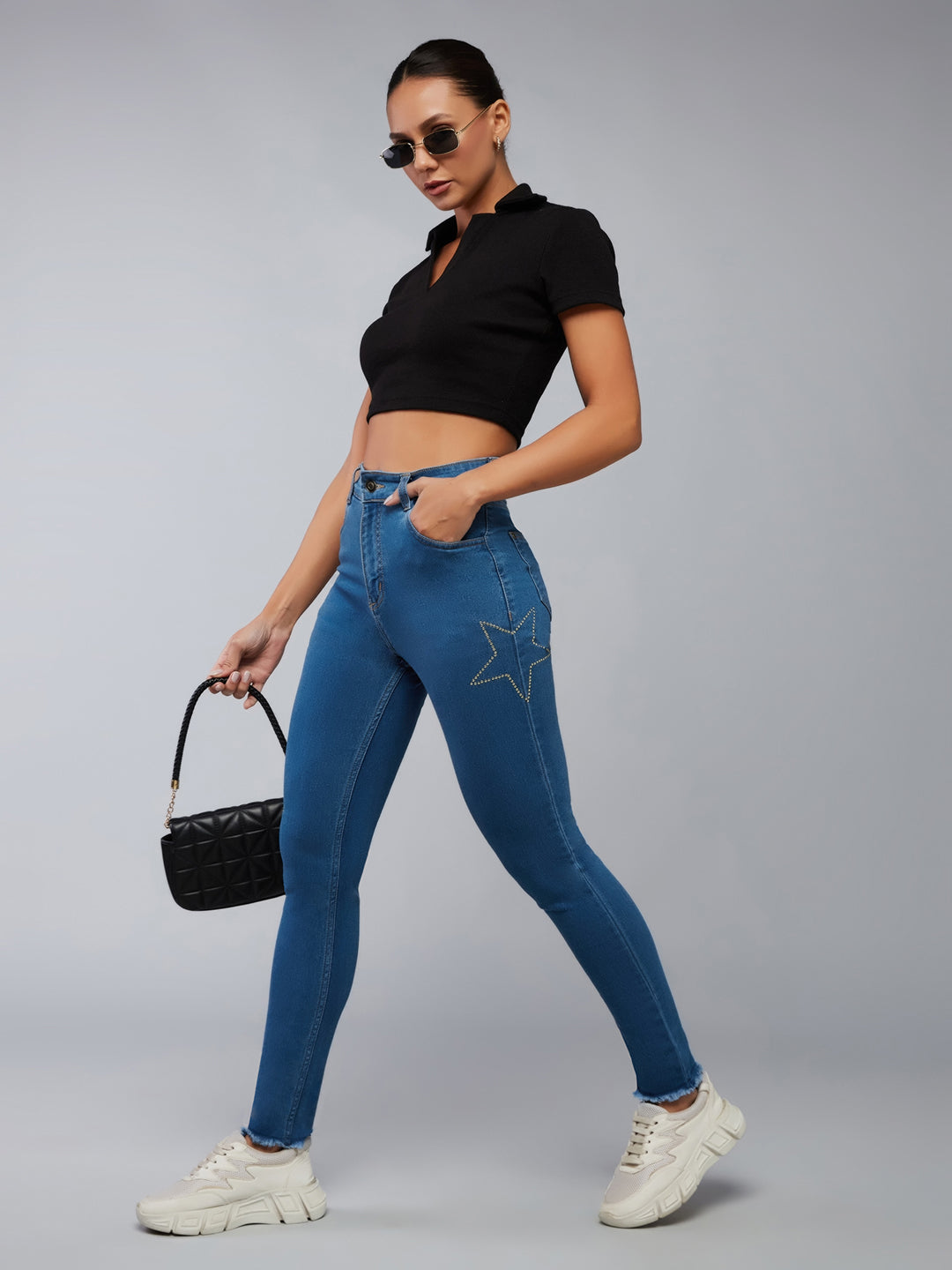 CHASEstretch™ Blue Skinny High-Rise Cropped-Length Embellished Fringe Detailing Stretchable Denim Jeans