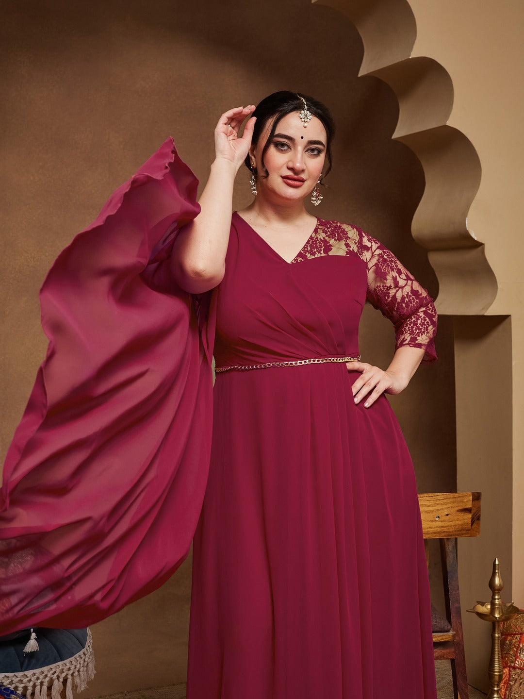 Dark Pink V-Neck Asymmetric Self-Designed Georgette Maxi Dress for Women