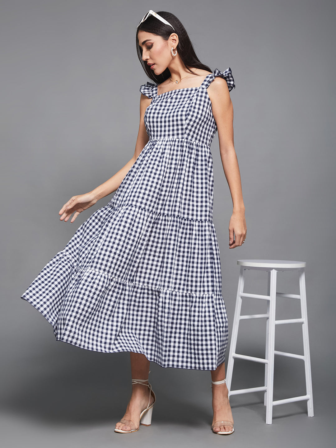 Navy & White Cotton Checkered Midi Tiered Dress
