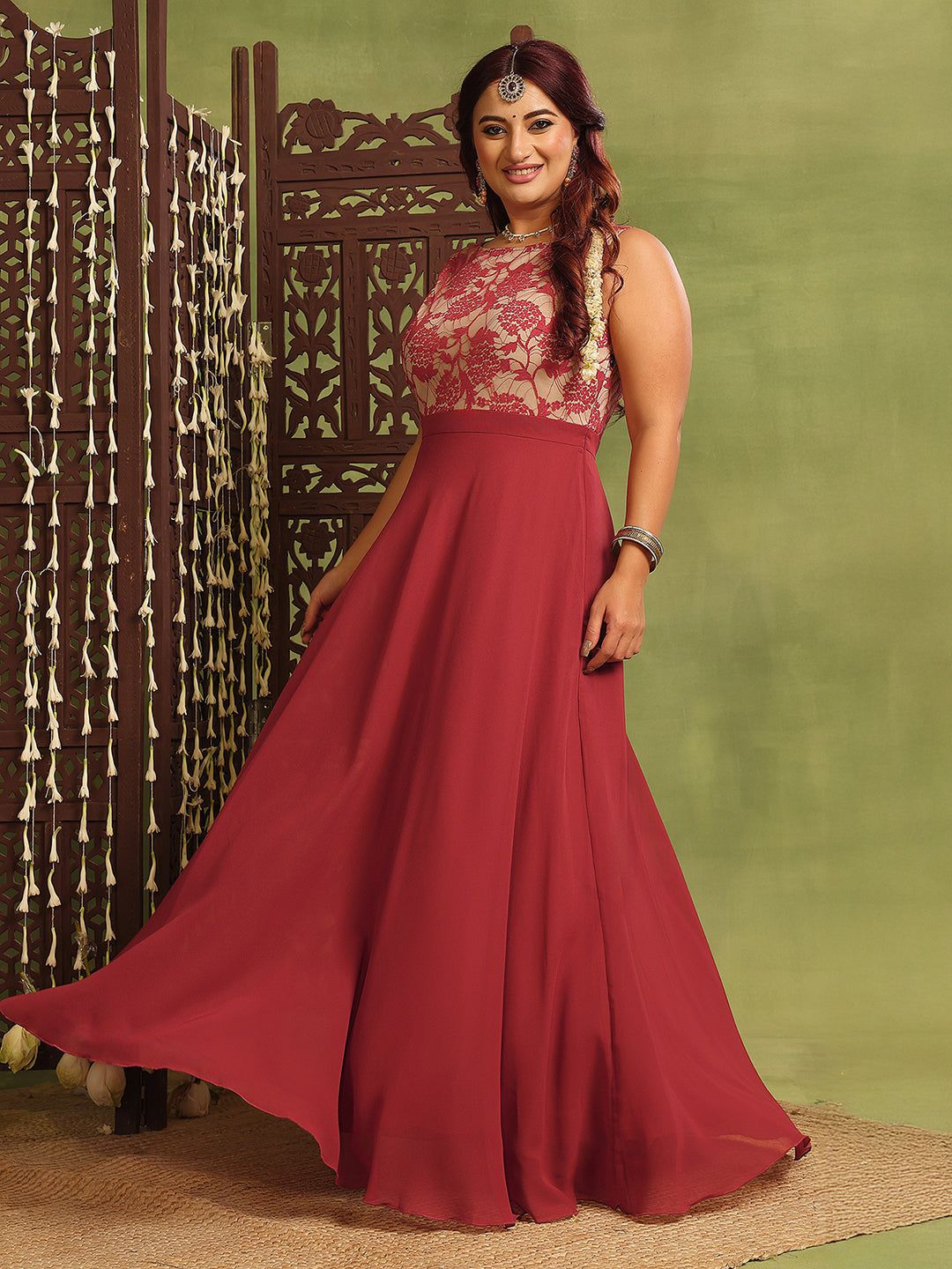 Women's Brick Red & Dusty Green Boat Neck Sleeveless Self-Design Lace-Overlaid Regular Dress