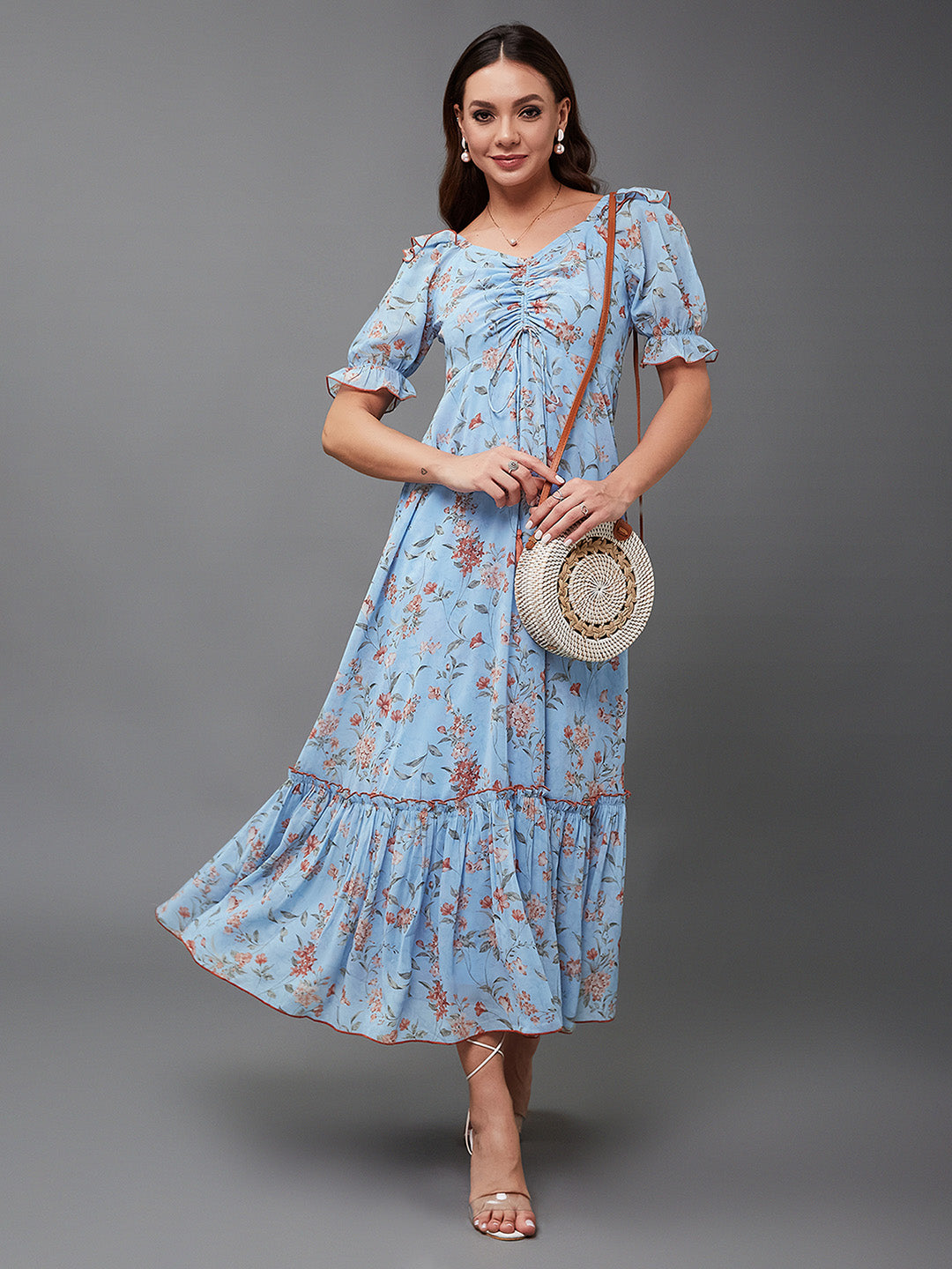 Women's Multicolored-Base-Powder Blue V-Neck Puff Sleeve Floral Ruching Ankle-Length Dress