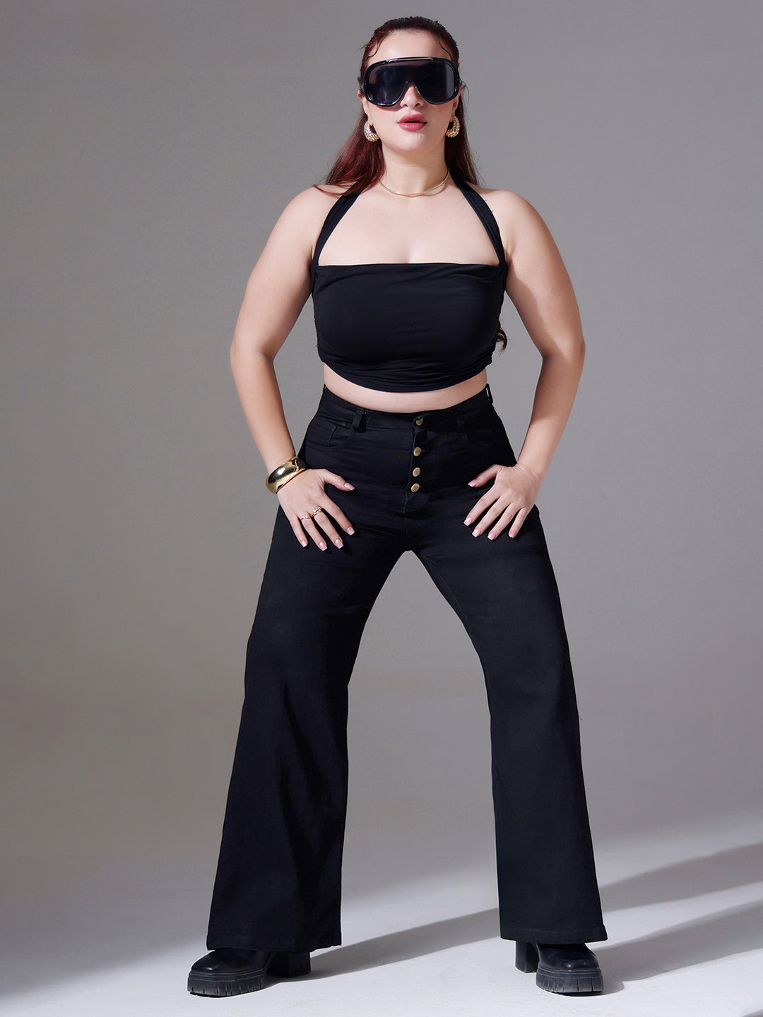 24/7 Comfort Black Wide-Leg High-Rise Clean-Look Regular Stretchable Denim Jeans