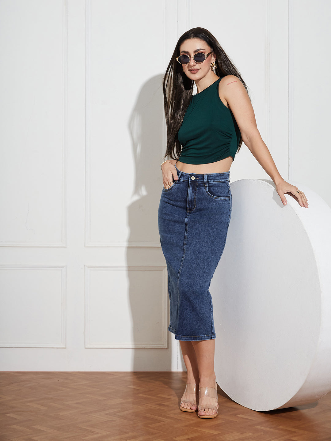 Women's Dark Blue High-Rise Stretchable Denim Midi Skirt with Back Slit – Shaping Fit