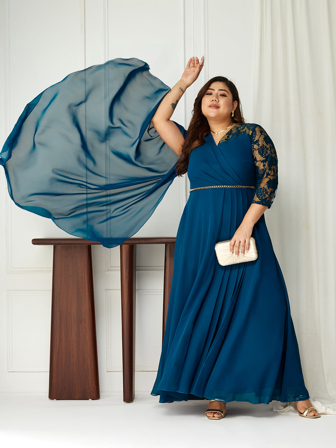 Royal Blue Assymetric Long Sleeves Lace Maxi Dress for Women