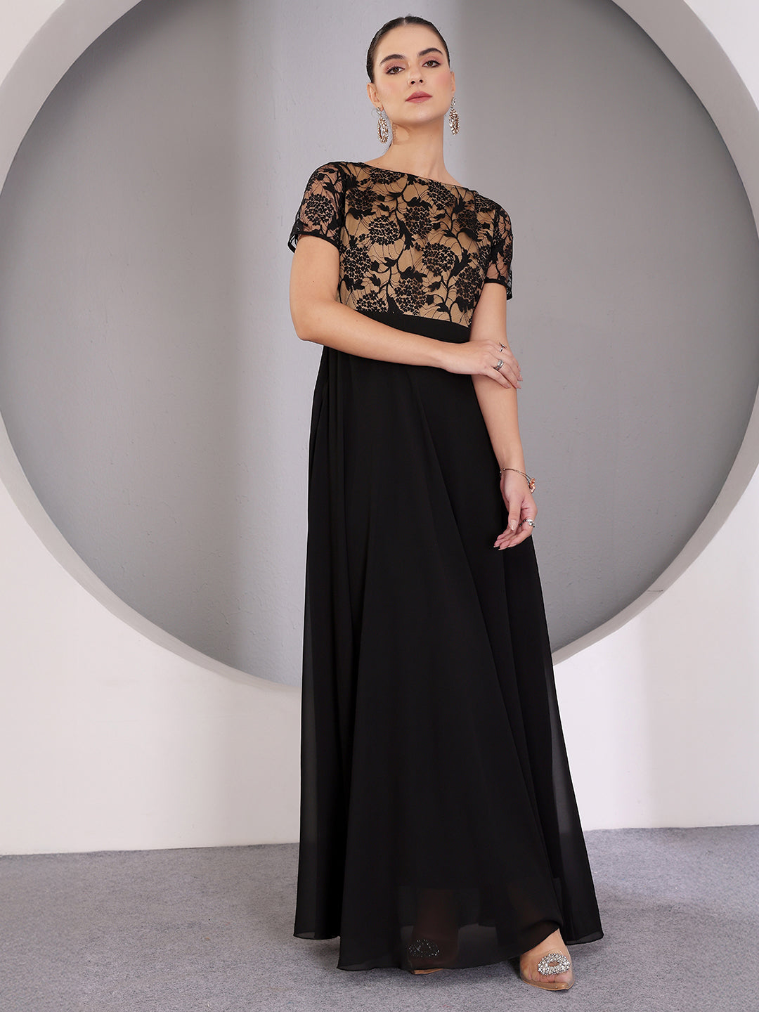 Women's Black Round Neck Half Sleeve Self Design Fit & Flare Georgette Maxi Dress