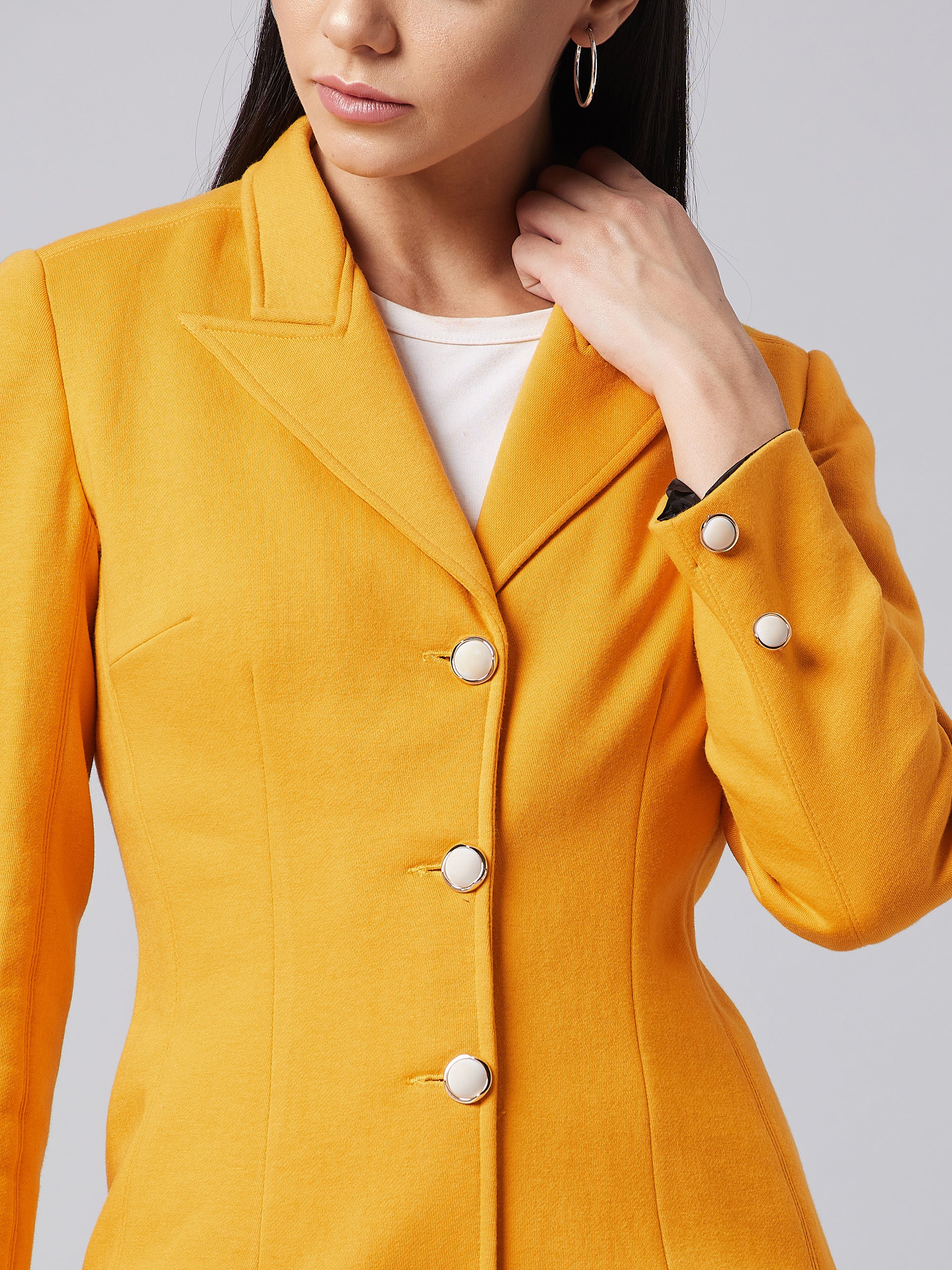 Women's Mustard Notch Collar Full Sleeve Solid Front-Open Knee Length Jacket