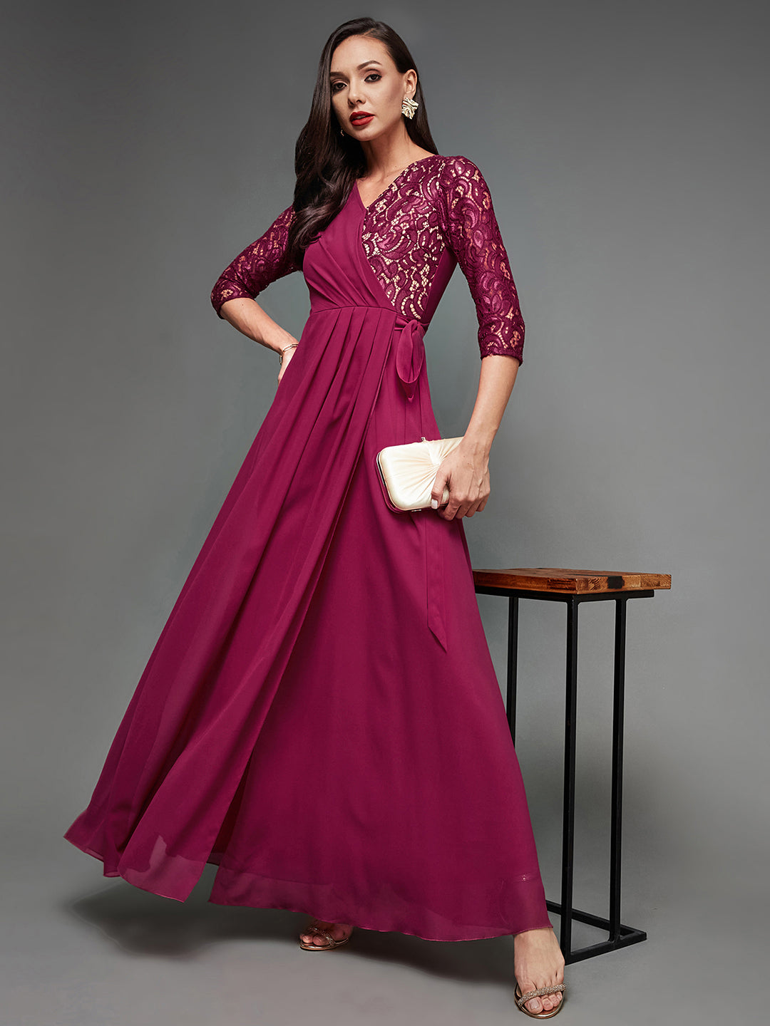 Women's Dark Pink Colored V-Neck Three-Quarter Sleeve Self-Designed Wrap Maxi Georgette Dress