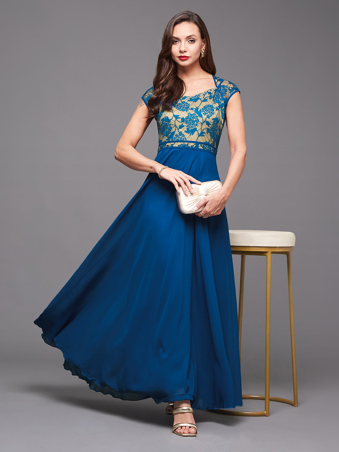 Royal Blue Floral Cap Sleeves Fit and Flare Lace Maxi Dress Long Dress Frock for Women