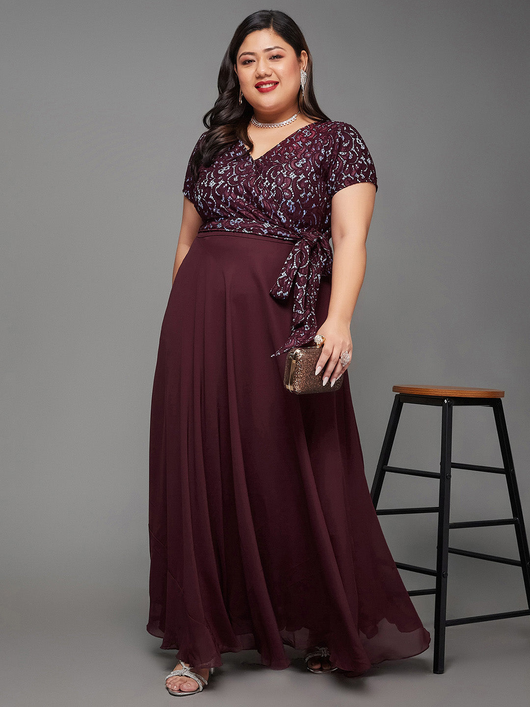 Body Bliss Wine Colored Lace Overlaid Maxi Georgette Dress