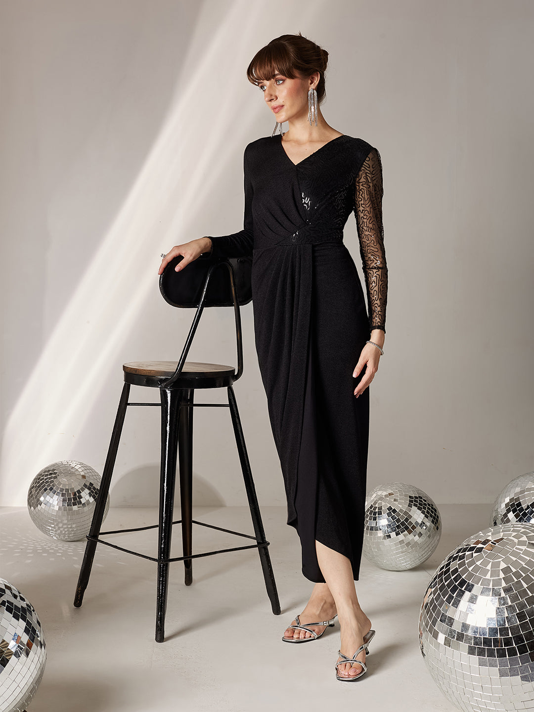 Women's Black V-Neck Full Sleeve Embellished Pleated Longline Dress