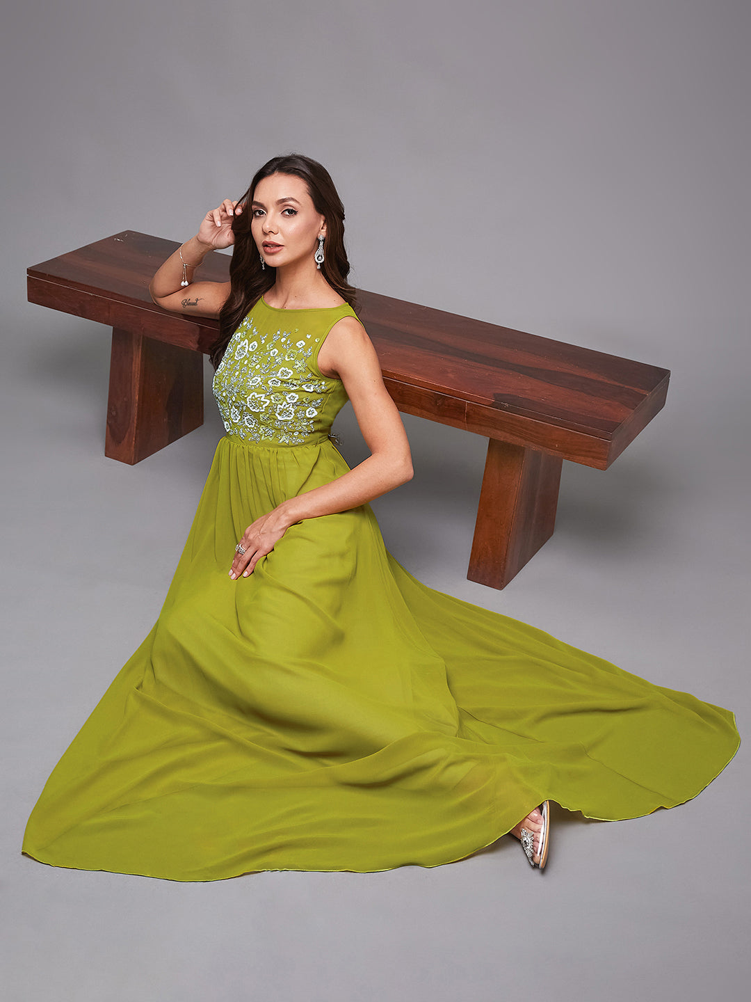 Women's Lemon Green Boat Neck Sleeveless Embroidered Georgette Gathered Maxi Dress